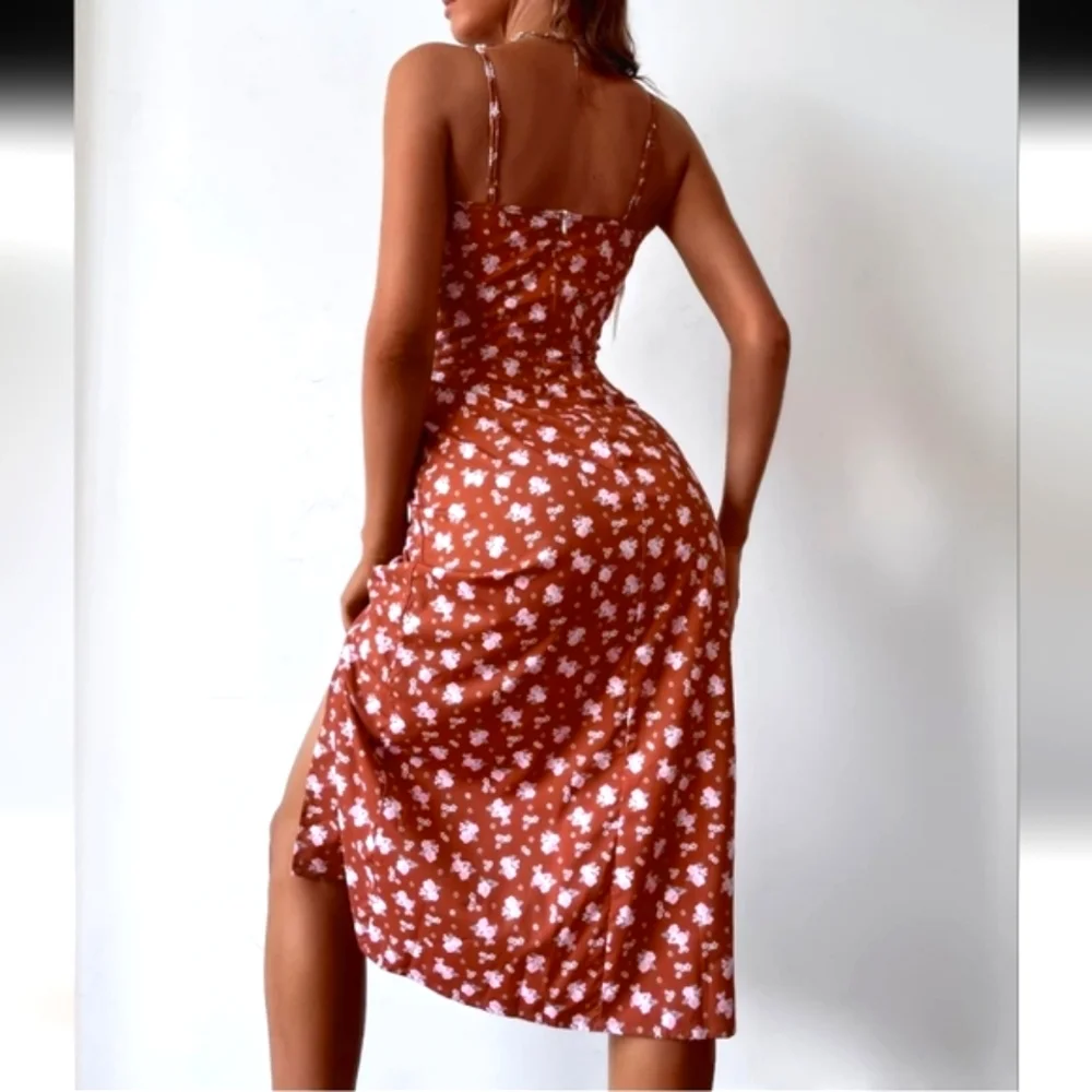 Womens Floral Rust Orange Midi Dress Back Zip Spaghetti Straps Slip Size Large - Picture 11 of 11